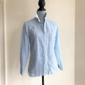 Talbots Linen Top Striped Blue White Button Up Down Shirt Womens Petite Small SP